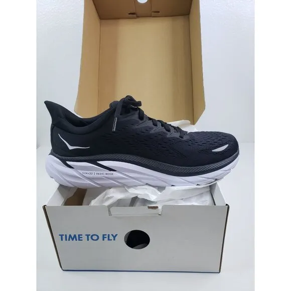Hoka One One Clifton 8 Mesh Men's Running Sneakers  in Black White  - Size 8