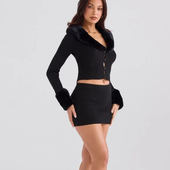 House of CB Blanche Crop Cardigan Medium w/ Removable Faux Fur Collar Cuffs NWT