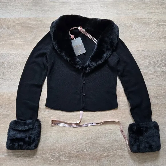House of CB Blanche Crop Cardigan Medium w/ Removable Faux Fur Collar Cuffs NWT