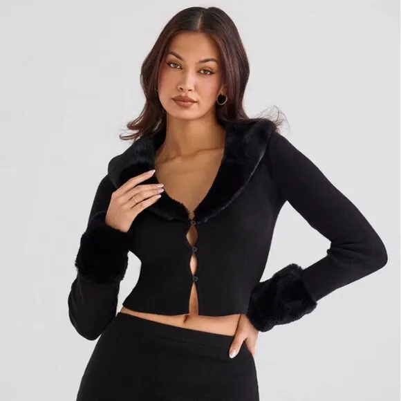 House of CB Blanche Crop Cardigan Medium w/ Removable Faux Fur Collar Cuffs NWT