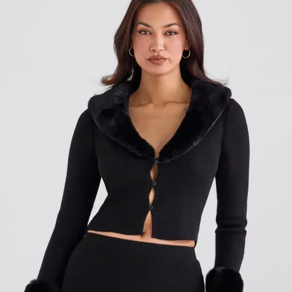 House of CB Blanche Crop Cardigan Medium w/ Removable Faux Fur Collar Cuffs NWT