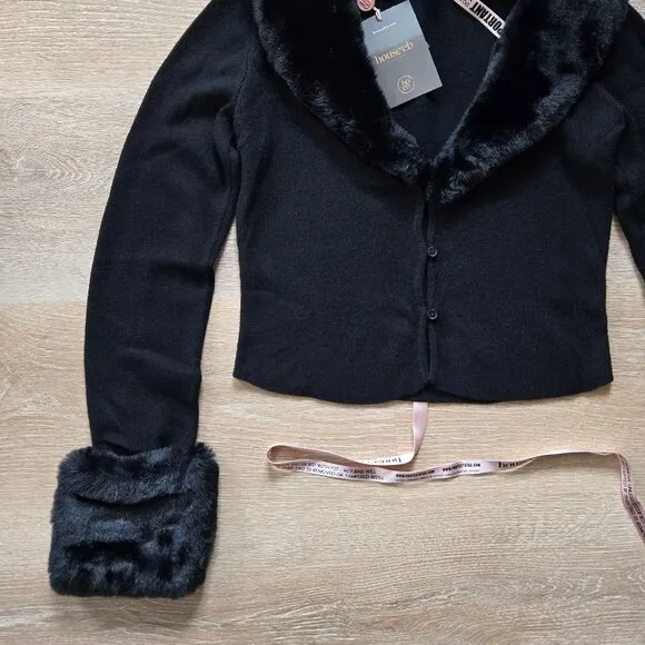 House of CB Blanche Crop Cardigan Medium w/ Removable Faux Fur Collar Cuffs NWT