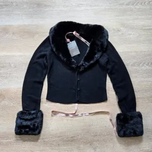 House of CB Blanche Crop Cardigan Medium w/ Removable Faux Fur Collar Cuffs NWT