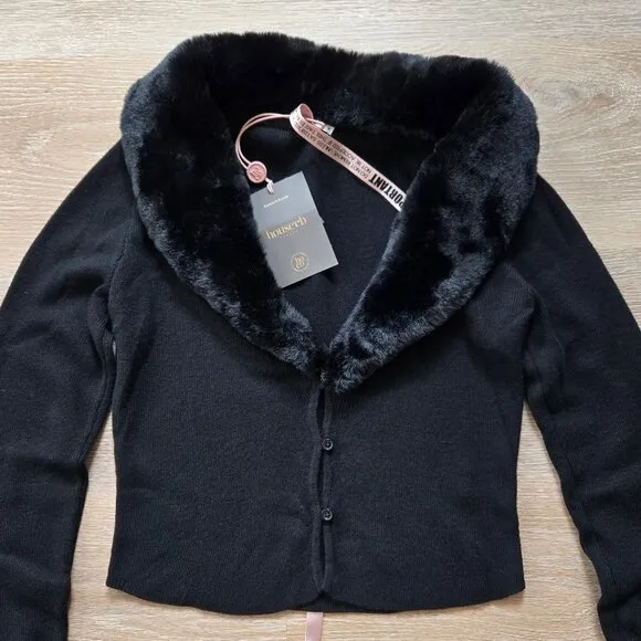 House of CB Blanche Crop Cardigan Medium w/ Removable Faux Fur Collar Cuffs NWT