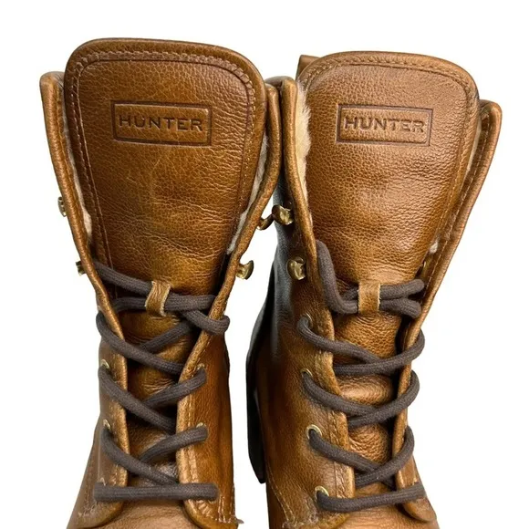 Hunter Marisa Heeled Boots Womens 9 Brown Tan Shearling Lined Luge Sole Leather
