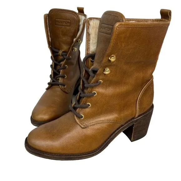 Hunter Marisa Heeled Boots Womens 9 Brown Tan Shearling Lined Luge Sole Leather
