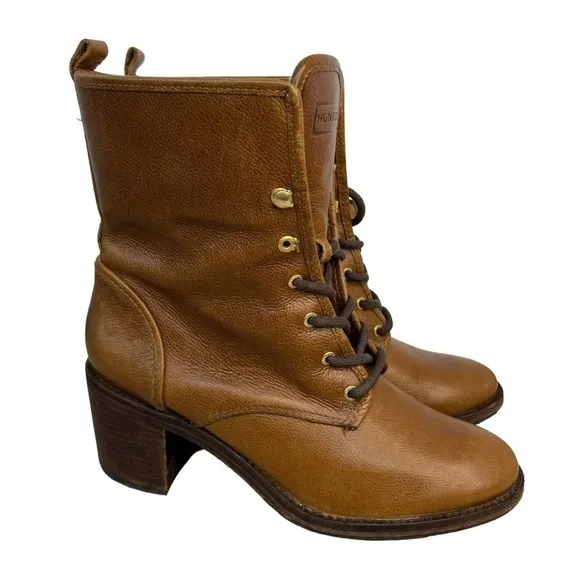 Hunter Marisa Heeled Boots Womens 9 Brown Tan Shearling Lined Luge Sole Leather