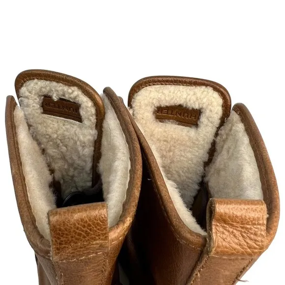 Hunter Marisa Heeled Boots Womens 9 Brown Tan Shearling Lined Luge Sole Leather