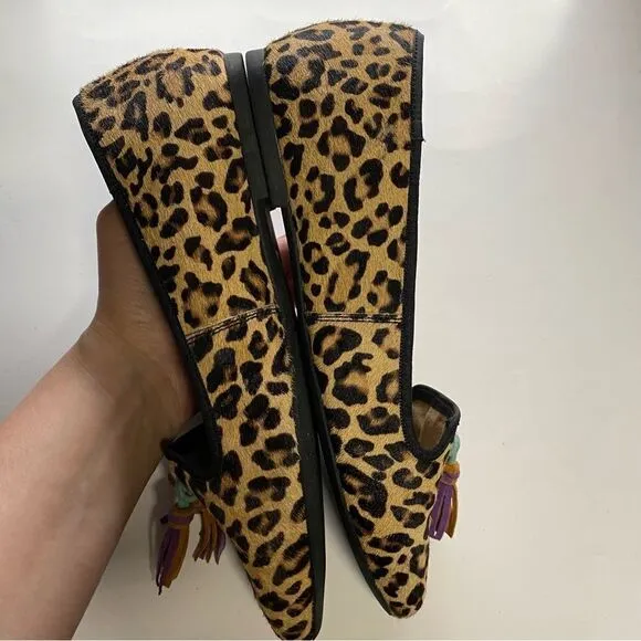 Hush puppies Sadie Tassel Slip-On Flats Leopard print leather calf hair -7 Wide