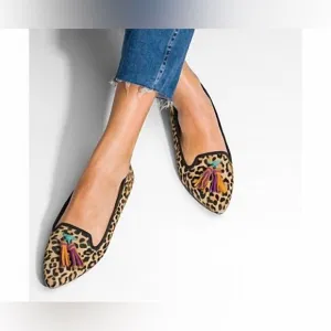 Hush puppies Sadie Tassel Slip-On Flats Leopard print leather calf hair -7 Wide