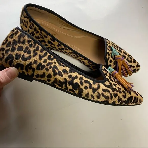 Hush puppies Sadie Tassel Slip-On Flats Leopard print leather calf hair -7 Wide