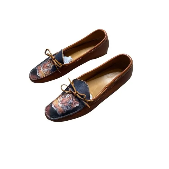 ICON WOMEN'S LEATHER TIGER ART TAN LOAFERS SZ 10