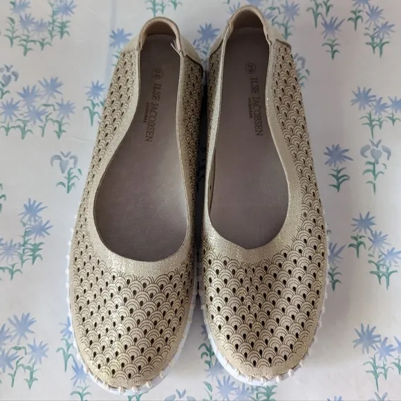 Ilse Jacobsen Tulip Ballet Flats 39 9 Gold Metallic Slip On Slippers Travel 0026