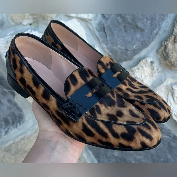 J Crew Academy Penny Loafers Size 7 Animal Print Calf Hair Leather Preppy Chic