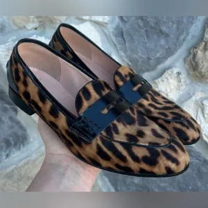 J Crew Academy Penny Loafers Size 7 Animal Print Calf Hair Leather Preppy Chic