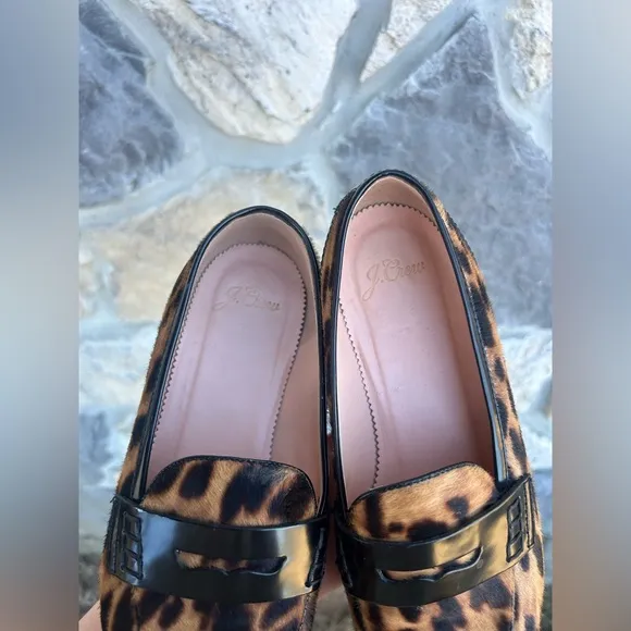 J Crew Academy Penny Loafers Size 7 Animal Print Calf Hair Leather Preppy Chic