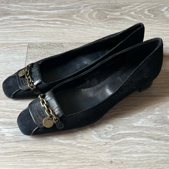 J Crew Black Suede Leather Brass Chain Square Toe Academia Ballet Flats 7.5
