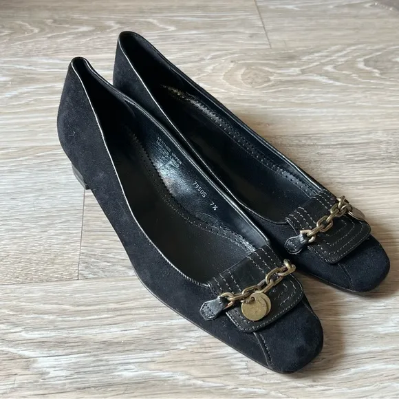 J Crew Black Suede Leather Brass Chain Square Toe Academia Ballet Flats 7.5