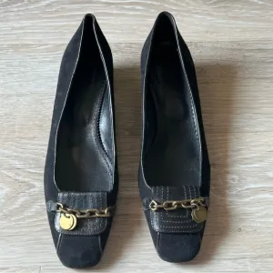J Crew Black Suede Leather Brass Chain Square Toe Academia Ballet Flats 7.5