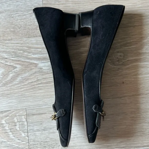 J Crew Black Suede Leather Brass Chain Square Toe Academia Ballet Flats 7.5