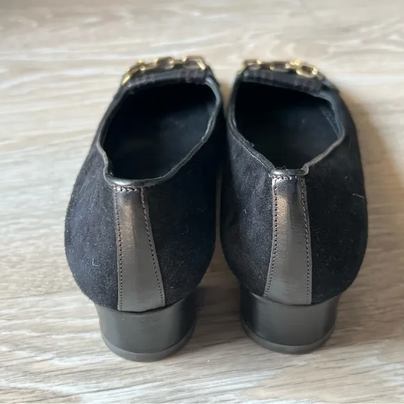 J Crew Black Suede Leather Brass Chain Square Toe Academia Ballet Flats 7.5