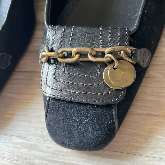 J Crew Black Suede Leather Brass Chain Square Toe Academia Ballet Flats 7.5