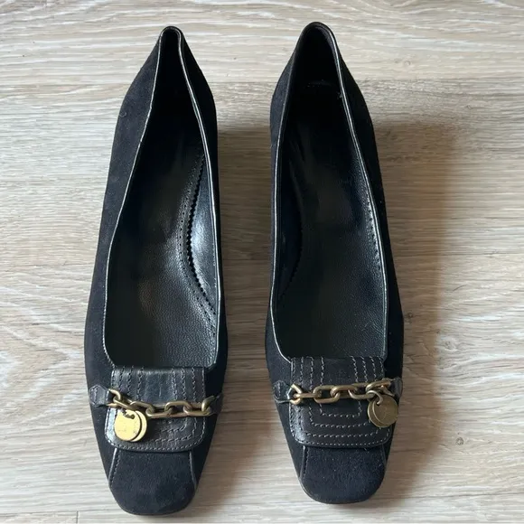 J Crew Black Suede Leather Brass Chain Square Toe Academia Ballet Flats 7.5