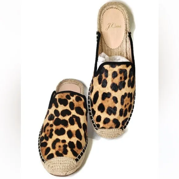 J Crew Calf Hair Leopard Slip On Espadrilles Mules Shoes Flats