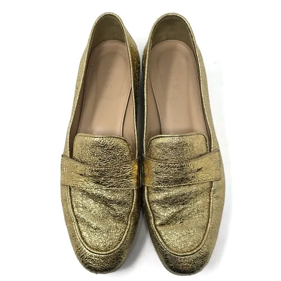 J Crew Charlie Gold Crinkled Leather Penny Loafers Women's 8