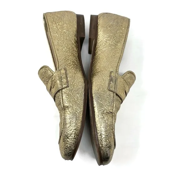 J Crew Charlie Gold Crinkled Leather Penny Loafers Women's 8