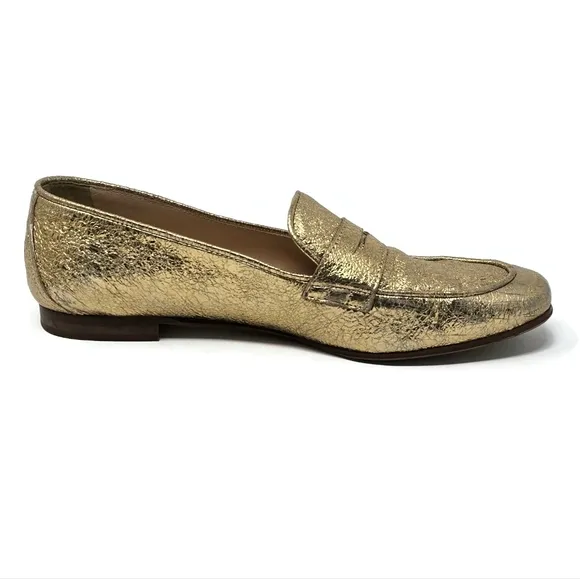 J Crew Charlie Gold Crinkled Leather Penny Loafers Women's 8