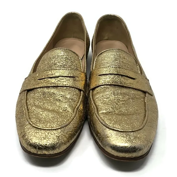 J Crew Charlie Gold Crinkled Leather Penny Loafers Women's 8
