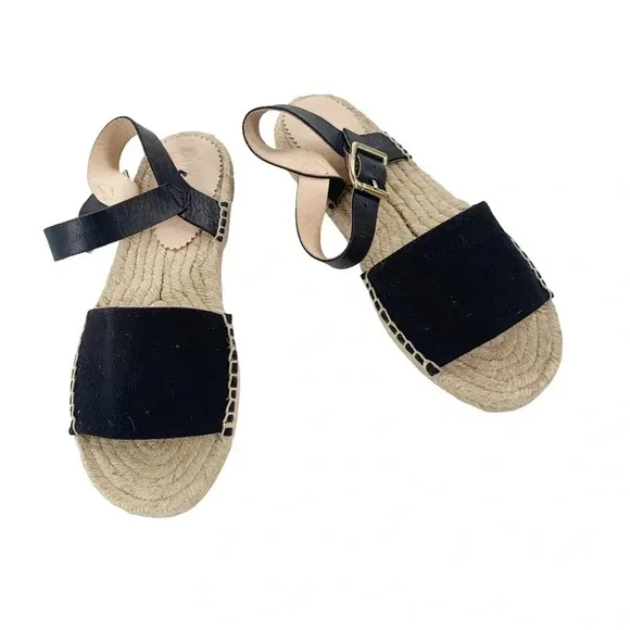 J. Crew Leather and Canvas Made in Spain ankle strap espadrille Black Size 5 NWT