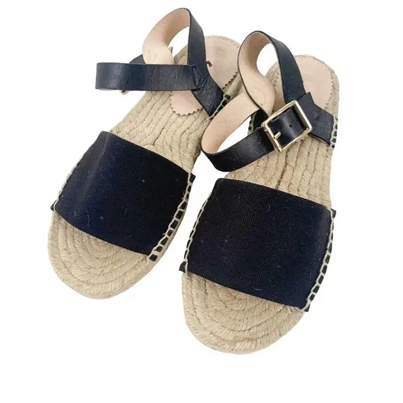 J. Crew Leather and Canvas Made in Spain ankle strap espadrille Black Size 5 NWT