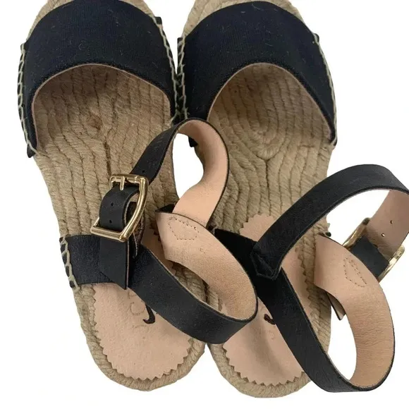 J. Crew Leather and Canvas Made in Spain ankle strap espadrille Black Size 5 NWT