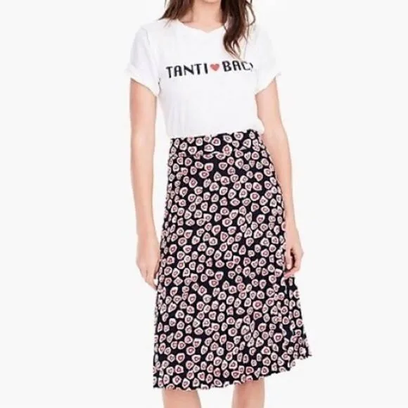 J Crew Pleated Crepe Heart Print Blue Red Midi Skirt Size 8