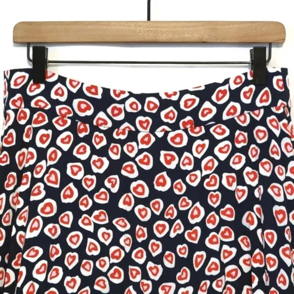 J Crew Pleated Crepe Heart Print Blue Red Midi Skirt Size 8