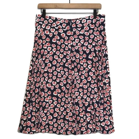 J Crew Pleated Crepe Heart Print Blue Red Midi Skirt Size 8