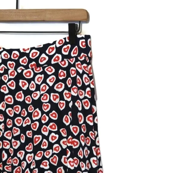 J Crew Pleated Crepe Heart Print Blue Red Midi Skirt Size 8