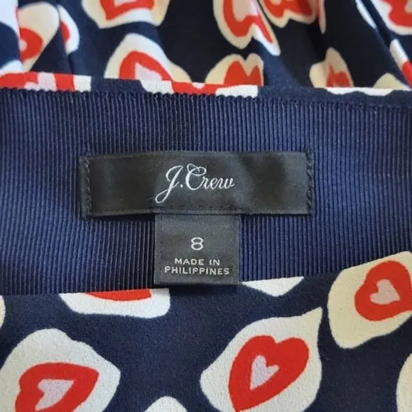 J Crew Pleated Crepe Heart Print Blue Red Midi Skirt Size 8