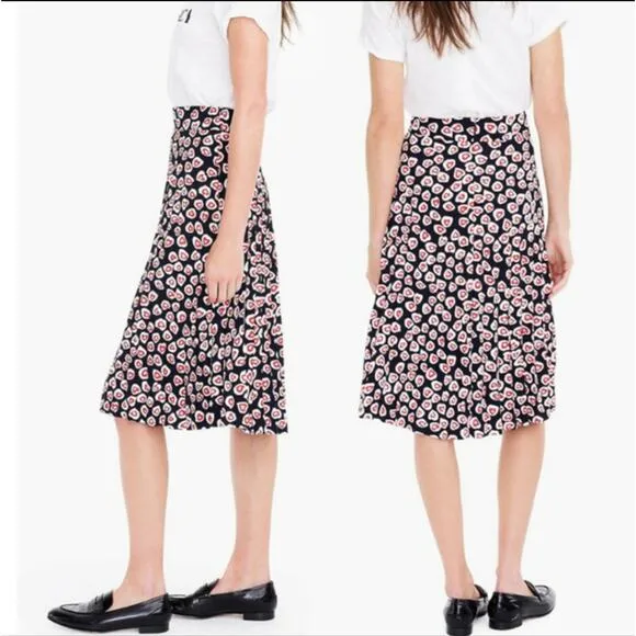 J Crew Pleated Crepe Heart Print Blue Red Midi Skirt Size 8