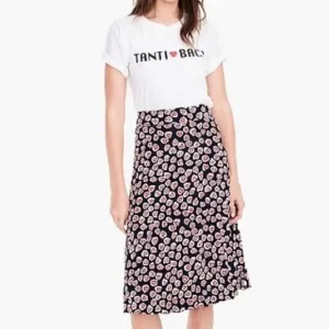 J Crew Pleated Crepe Heart Print Blue Red Midi Skirt Size 8