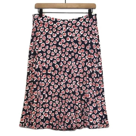 J Crew Pleated Crepe Heart Print Blue Red Midi Skirt Size 8