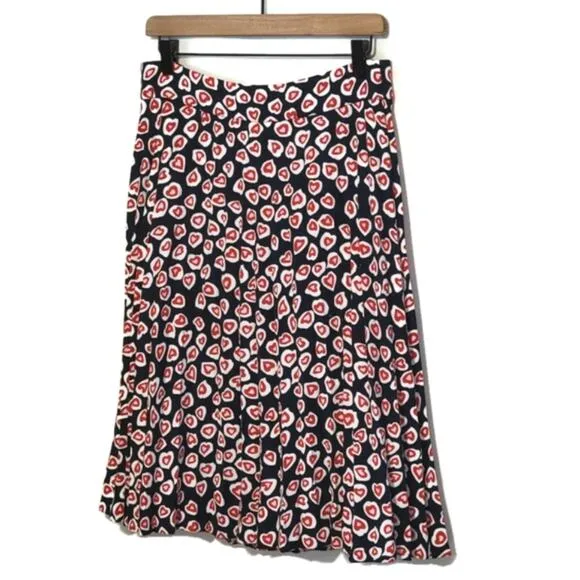 J Crew Pleated Crepe Heart Print Blue Red Midi Skirt Size 8