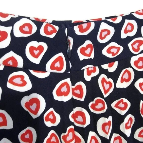 J Crew Pleated Crepe Heart Print Blue Red Midi Skirt Size 8