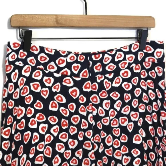 J Crew Pleated Crepe Heart Print Blue Red Midi Skirt Size 8