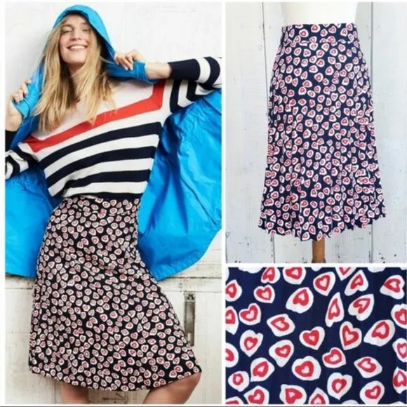 J Crew Pleated Crepe Heart Print Blue Red Midi Skirt Size 8