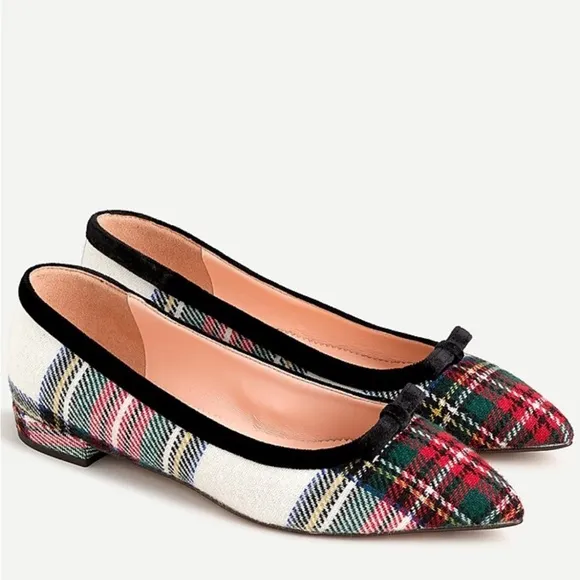 J. Crew Pointed-toe Bow Flats in Snowy Stewart Tartan Plaid 8 Red Black White