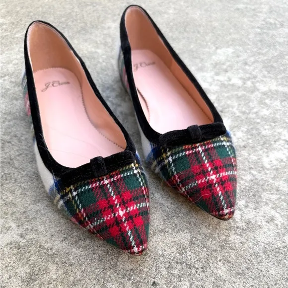 J. Crew Pointed-toe Bow Flats in Snowy Stewart Tartan Plaid 8 Red Black White