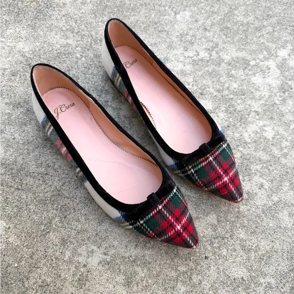 J. Crew Pointed-toe Bow Flats in Snowy Stewart Tartan Plaid 8 Red Black White